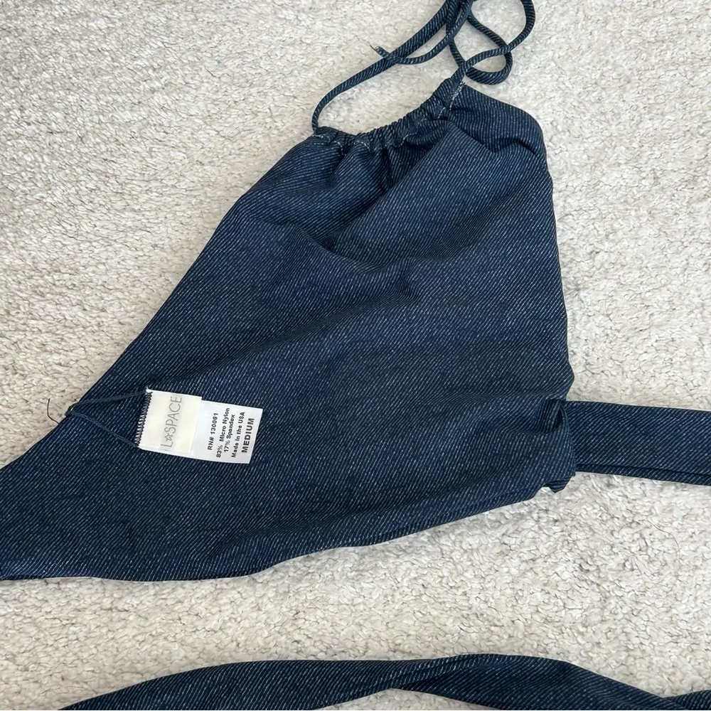 L*SPACE Denim Look Halter Bikini Top